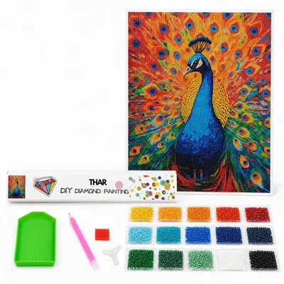 Imagen del producto de THAR, Pintura con Diamantes, Pavón de colores vibrantes, 40 x 50 cm, Kit completo