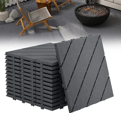 Produktbild von LZQ 4㎡ Terrassenfliesen Balkonfliesen mit Aussehen der Holzmaserung, Klickfliesen Terrasse für Balkon Garten, Wetterfeste Platten mit Drainagefunktion, 30x30 cm - Anthrazit, Typ B(44 Stück=4㎡)