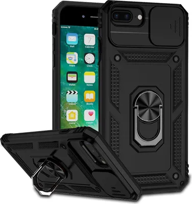 Image de Étui pour iPhone 8 Plus/7 Plus/6 Plus/6s Plus étui double couche avec cache coulissant pour appareil photo et anneau de fixation noir