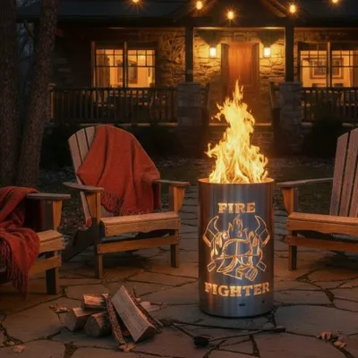 A fire pit with a firefighter emblem is lit in a backyard setting with chairs and firewood.