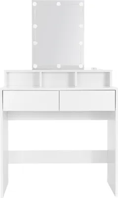 A white vanity table with a lighted mirror and two drawers, shown against a white background.