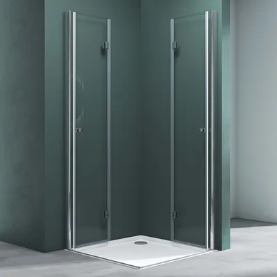 A corner shower enclosure with two folding glass doors.