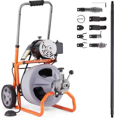 A drain cleaning machine with various attachments is displayed against a white background.