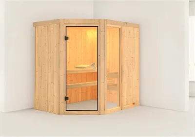 Produktbild von Elementsauna Karibu Siona 1 ohne Ofen und Dachkranz mit bronzierter Ganzglastüre