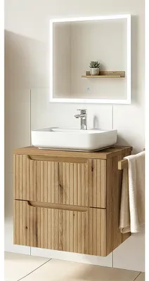 Produktbild von Badmöbel-Set 2-teilig mit LED-Spiegel & 60 cm Waschtisch in Eiche, gerillte Front - NEWPORT-56-EVOKE