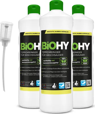Produktbild von BiOHY Teppichreiniger für Waschsauger + Dosierer, Teppichshampoo Konzentrat, 3 x 1 l