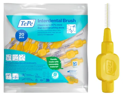 Produktbild von TePe Interdentalbürste, gelb, 0,7 mm/ISO 4, 20 Stück, effiziente Plaque-Entfernung für mittelgroße Lücken