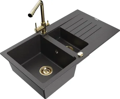 Produktbild von Mexen Matias 1,5-Becken-Granitspüle mit Abtropffläche und Mischbatterie Duero, Schwarz gesprenkelt - 6502-76-671600-50