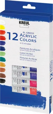 Obrázok produktu pre KREUL 28250, Čierna, Modrá, Zelená, Červená, Biela, Žltá, Akrylová farba, Tekuté, 12 ml, 12 kusov