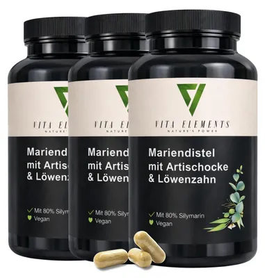 Imagen del producto de Vita Elements Complejo Cardo Mariano Pack de 3 120 Cápsulas Silimarina Alcachofa Suplemento Alimenticio