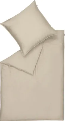A top-down view of a beige duvet cover and pillowcase set laid out flat on a white background.
