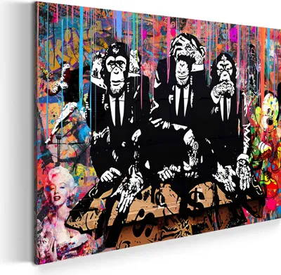 Produktbild von Affen im Anzug mit Graffiti Pop Art und Mickey Wandbild Leinwandbild  Wanddeko: 120x80x2cm
