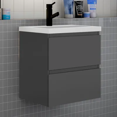 Produktbild von Badezimmermöbel 60cm CINIC-Serie Mineralguss Waschtisch mit Unterschrank Hängeschrank Badezimmerschränke mit 2 Schubladen Anthrazit