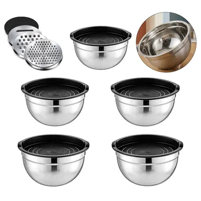 Produktbild von 5er Set Edelstahl Rührschüsseln mit Deckel, Stapelbar, inkl. 3 Reibeaufsätze, Küchen Schüssel Set, BPA-frei, Rutschfest, Ideal zum Backen, Kochen & Aufbewahren