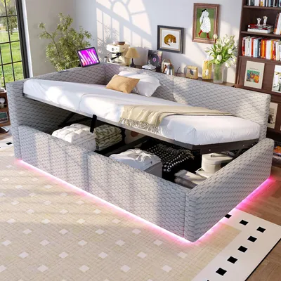 Obrázek produktu pro Čalouněná postel STILVORA 90×200 cm s LED osvětlením, postel pro mládež s USB-C porty a opěrkou ve tvaru L z sametu, hydraulický rošt s úložným prostorem, sametová postel bez matrace, šedá