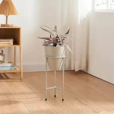 A plant stand with a potted plant on a wooden floor next to a side table with a lamp and books.