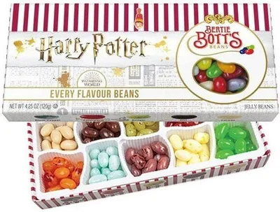 A box of Harry Potter Bertie Botts Every Flavour Beans jelly beans.