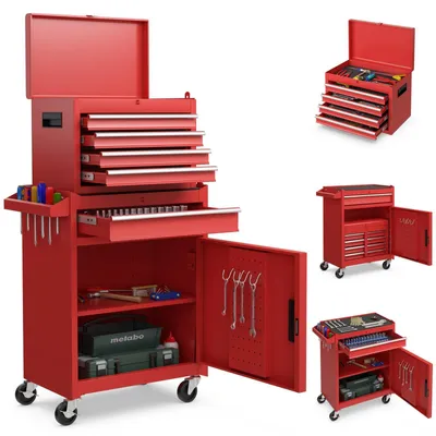Immagine prodotto di Carrello utensili FANTASK 2 in 1, su ruote, carrello da officina con serratura, completo di ganci