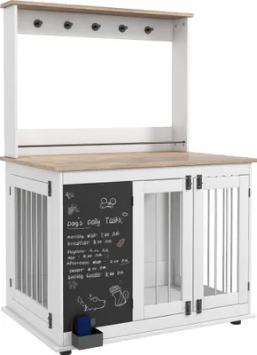 Zdjęcie produktu dla PawHut Dog Crate do domu, klatka dla psa z 3 drzwiami, półka na zabawki, domek dla psa z haczykami, tablica do pisania, gumka, dla dużych psów, biała