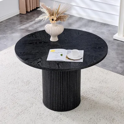 Produktbild von Esstisch Rund Ø 100 cm Schwarz – Moderner Küchentisch in Holz-Optik mit Säulengestell aus MDF – Platzsparender Designer-Tisch für 4-6 Personen – Stabil mit Metallstütze