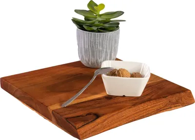 Produktbild von Holzplatte 30x30 cm Arya, Holzbrett Akazie massiv + nussbaumfarben, Baumkanten-Platte für Heimwerker, Regale & Fensterbretter, einseitige Baumkante