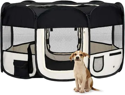Produktbild von Faltbarer Welpenlaufstall mit Tragetasche Schwarz 145x145x61 cm Hundezaun Faltbare Freigehege Hundelaufstall Freilaufgehege für Hunde, für drinnen und draußen