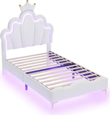 Produktbild von Fortuna Lai Polsterbett 90*200cm mit Lattenrost, krone-Form Prinzessinnenbett, Jugendbett Kinderbett mit Verstellbarer Led, Doppelbett, PU, Weiß