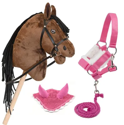 Productafbeelding van Hobby Horse set, bruin, met roze hoofdstel, longeerlijn en bitje - Formaat A3