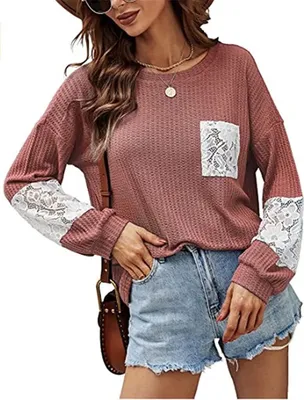 Image de ASKSA Pull femme col rond hiver basique élégant Pull manches longues avec dentelle, Rouge, M