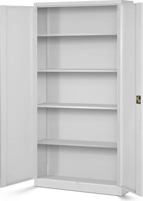An open, empty, gray metal filing cabinet with multiple shelves.