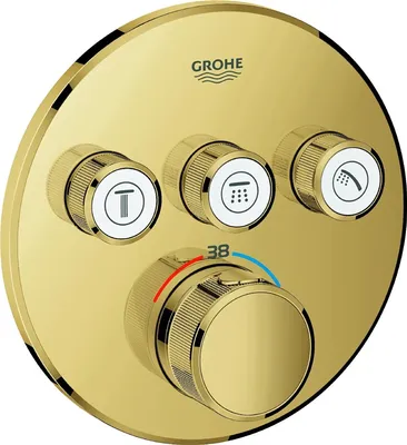 A close-up studio shot of a gold-colored Grohe Grohtherm SmartControl thermostat.