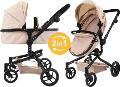 Produktbild von Bandits & Angels Puppenwagen Beige Modern Angel 2-in-1 Sand ab 3 Jahren – Puppenbuggy – Für Mädchen – Verstellbarer Schieber (48–81 cm) – Vollständig zusammenklappbar – Mit Einkaufskorb