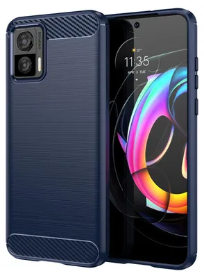 A dark blue phone case is shown next to a smartphone displaying a colorful abstract wallpaper.