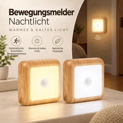 Produktbild von LED Nachtlicht mit Bewegungsmelder Holzoptik Batteriebetrieben Sensor Klebeleuchte Wandleuchte Kabellos, Orientierungslicht für Flur, Treppe, Schrank