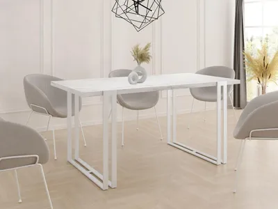 Produktbild von Ausziehbarer Esstisch in Weißer Marmoroptik - Großer Tisch im Loft-Stil mit Weißen Metallbeinen 160 bis 260 cm - Industrietisch für das Wohnzimmer - Spacesaver - Marmor Weiß - 160 x 90 cm