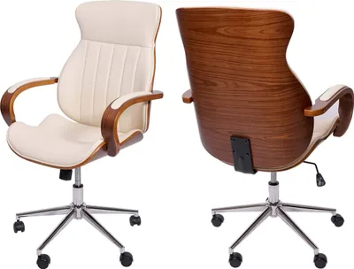 Two views of a cream and wood office chair against a white background.