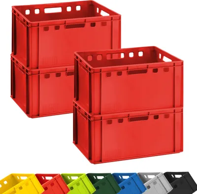 Four red plastic crates stacked in two pairs, with a row of different colored crates at the bottom.
