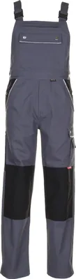 A full-body view of gray and black overalls against a white background.