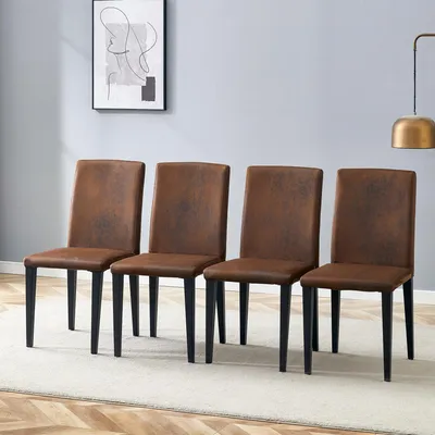 Produktbild von MODFU Esszimmerstuhl 4er-Set braun,Küchenstuhl mit schwarzen Metallbeinen und 47 cm hohe Rückenlehne,Bürostuhl,Loungesessel für Esszimmer