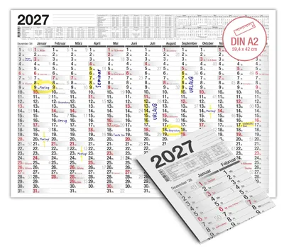 Produktbild von Wandkalender 2027 A2 Standard 14 Monate Querformat – Jahresplaner Schulferien KW Feiertage Dez-Jan