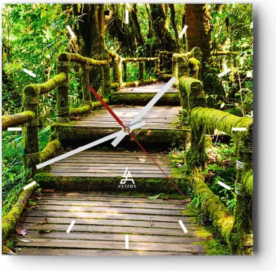 Produktbild von Wanduhr - Quadrat - Glasuhr - Asien natur park brücke - 30x30cm - Schleichendes Uhrwerk - Lautlos - zum Aufhängen bereit - Dekoration Modern - Wanddekoration aus Glas - C3AC30x30-2417