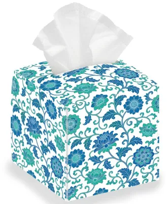 Productafbeelding van Zakdoekendoos - Opvouwbaar en waterdicht - Voor het opbergen van papieren zakdoekjes - Turquoise met bloemenprint, vierkant