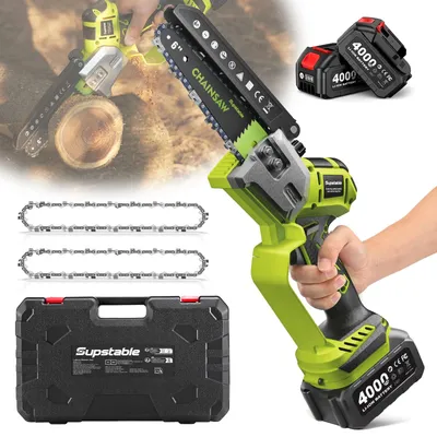 Produktbild von Akku-Kettensäge - Hand-Kettensäge - 15 cm Schwert - Bürstenloser Motor - Automatische Kettenschmierung - Werkzeuglose Kettenspannung - 20 V - 2×3,0-Ah-Akkus