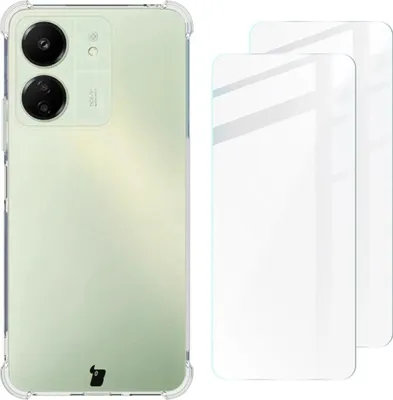 A clear phone case and two screen protectors are shown against a white background.