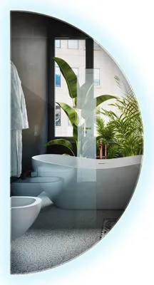 A modern bathroom with a freestanding bathtub, bidet, and plants, reflected in a large, illuminated mirror.