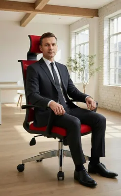 Produktbild von Moderner Bürostuhl mit ergonomischer Rückenlehne und rotem Design