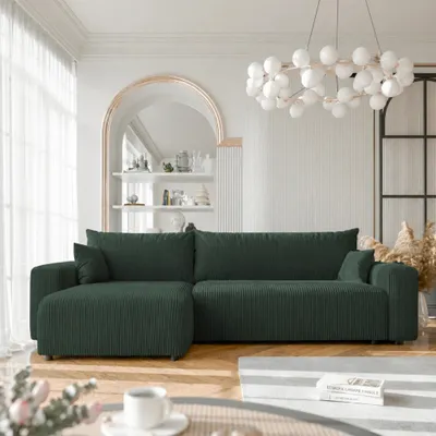 Produktbild von Ecksofa XL Castelo Poso 14 Flaschengrün Cord mit Schlaffunktion und Bettkasten