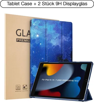 Produktbild von Schutzhülle + 2x 9H Display Glas für iPad 7/8/9 Generation 10.2 Zoll Cover Case Schutz Tablet Farbe: Starry Sky