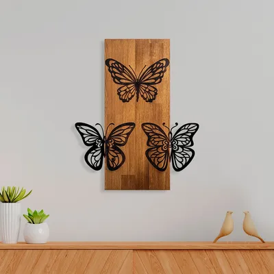 Image de Wallity, Butterflies 1, Accessoire mural décoratif en bois, 100 % BOIS / MÉTAL, noyer, 47 x 58 cm