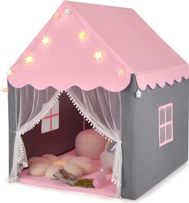Produktbild von Kinderspielhaus mit Sternenlichter, Prinzessin Prinzess Kinderzelt mit Fenster & Matte, Spielzelt mit doppeltem Vorhang, Kinderspielzelt, Kinderspielburg fš¹r M?rchen (Rosa)